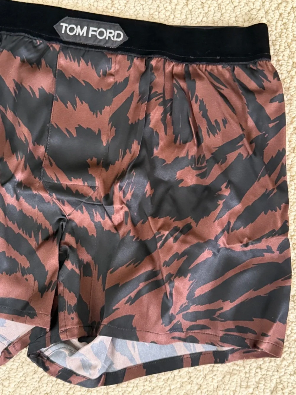 Tom Ford Brown Black Zebra Stretch Silk Logo Velvet Waistband Boxer Shorts